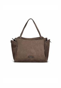Sac à main en daim marron avec deux poignées supérieures, fermeture éclair et poches latérales ; texture lisse et design minimaliste.