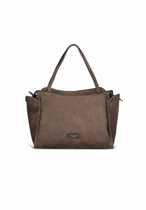 Sac à main en daim marron avec deux poignées supérieures, fermeture éclair et poches latérales ; texture lisse et design minimaliste.