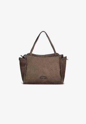 Borsa in suede marrone con doppio manico superiore, chiusura con zip e tasche laterali; texture liscia e design minimalista.