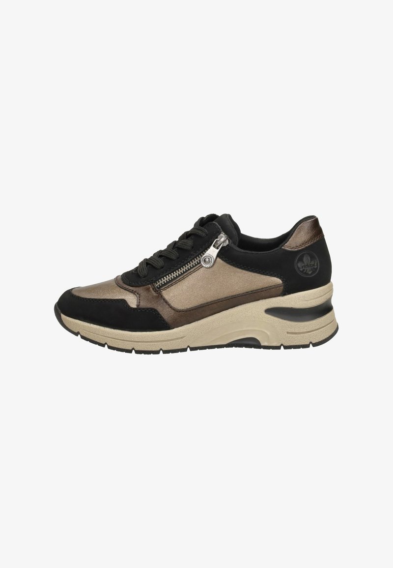 Zwarte en bronzen sneaker met een metallic afwerking, voorzien van een zijrits, gestructureerde accenten en een dikke beige zool voor demping.