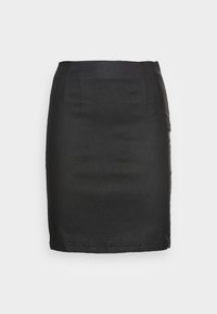 Jupe crayon noire midi avec une texture lisse et de délicates coutures verticales près de la taille, présentée sur un fond blanc.