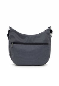 Borsa a spalla blu e bianca a pois con tasca con zip, forma curva, tracolla regolabile e finitura in tessuto texturizzato.
