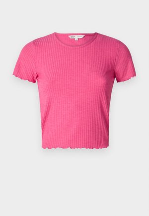 Top rosa a righe con maniche corte, colletto rotondo e orlo scallop. Realizzato in tessuto morbido, presenta una silhouette aderente.