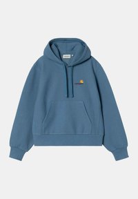 Sudadera de algodón azul con un bolsillo frontal tipo pouch, puños y dobladillo acanalados. Presenta un pequeño logo bordado en el pecho en color naranja y rojo.