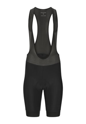 Cuissards de cyclisme noirs avec bretelles, panneau en mesh sur le haut du dos et zone d'assise rembourrée.