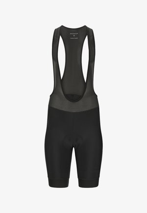 Cuissards de cyclisme noirs avec bretelles, panneau en mesh sur le haut du dos et zone d'assise rembourrée.