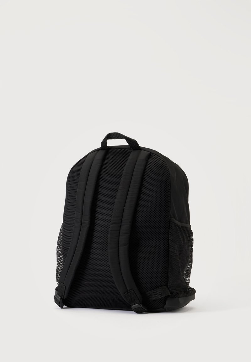 Black backpack with padded shoulder straps, breathable mesh back panel, side mesh pockets, and a top carry handle on a plain background.