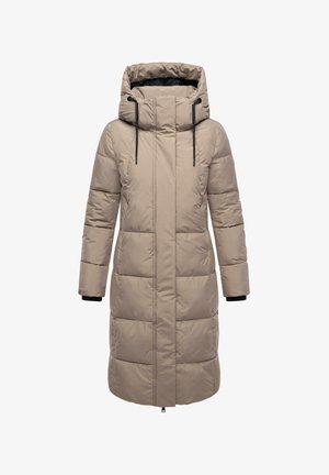 Beige gepolsterter langer Mantel mit hohem Kragen, Kapuze, Reißverschluss und schwarzen Akzenten an den Bündchen. Verfügt über ein gestepptes Design und einen geraden Schnitt.