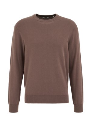 Maglione marrone a girocollo in tessuto morbido con maniche lunghe e polsini a costine, caratterizzato da una texture semplice e liscia senza motivi visibili.