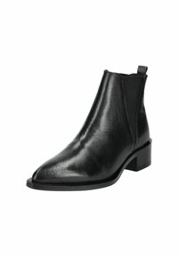 Bottines en cuir noir avec un bout pointu, des panneaux latéraux en élasticité et un petit talon carré. Texture lisse avec un minimum de détails.