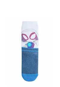 Calcetín de tobillo colorido con una parte superior blanca y diseño gráfico, cuerpo azul oscuro y un acento azul claro en el tobillo. Textura de punto suave.