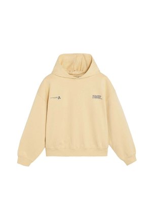 Sudadera beige con capucha y mangas largas, logos de texto en la parte frontal en el lado izquierdo del pecho y el lado derecho, puños y dobladillo acanalados.