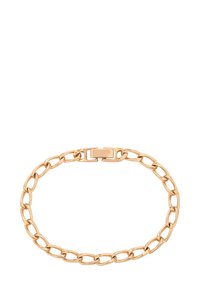 Bracciale in oro con maglie ovali e un fermaglio rettangolare, esposto piatto su uno sfondo bianco.