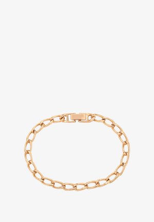 Bracciale in oro con maglie ovali e un fermaglio rettangolare, esposto piatto su uno sfondo bianco.