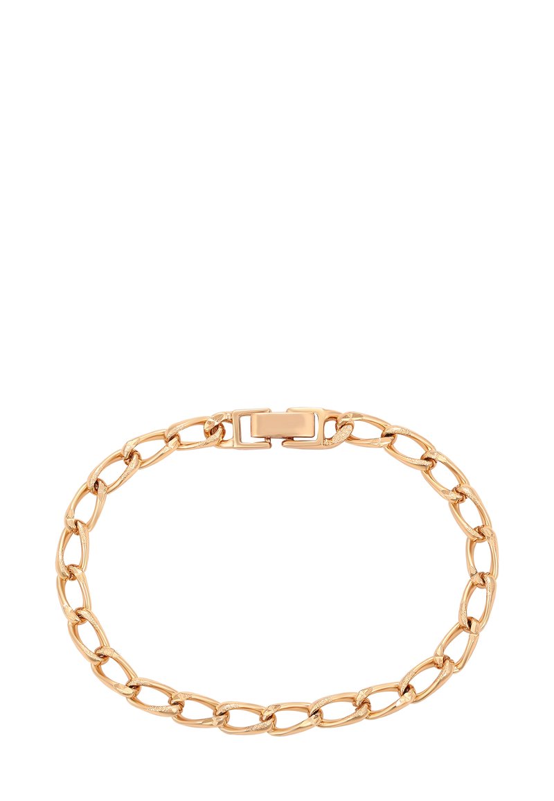 Bracciale in oro con maglie ovali e un fermaglio rettangolare, esposto piatto su uno sfondo bianco.