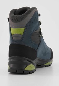 Scarponcino da trekking con tomaia blu scuro, dettagli grigi, particolari verdi e suola nera texture. Chiuso con ganci metallici per una vestibilità sicura.