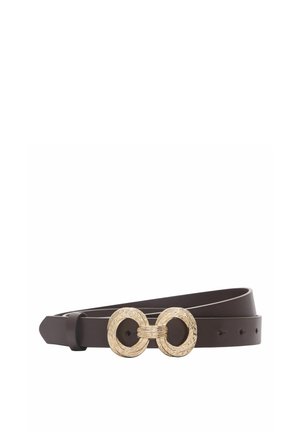 Dark brown leather belt with a textured gold double-ring buckle and multiple adjustment holes on a white background.
