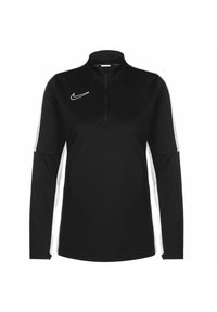 Pullover sportivo nero con collo alto, zip a quarti, maniche lunghe e strisce laterali bianche. Presenta un piccolo logo Nike bianco sul petto.