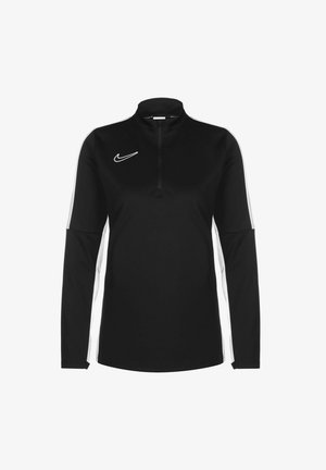 Zwarte sportieve pullover met een hoge kraag, kwart-rits, lange mouwen en witte zijstrepen. Heeft een klein wit Nike-logo op de borst.