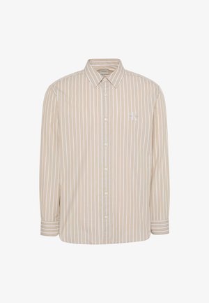 Chemise beige à manches longues avec boutons, rayures verticales blanches et logo discret «CK» sur la poitrine gauche.