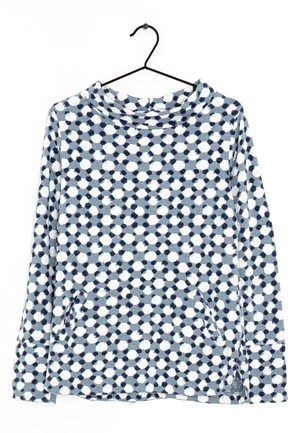 Grauer Sweatshirt mit langen Ärmeln, weißem und dunkelblauem Polka-Dot-Muster, lockerem Kragen und Kängurutasche vorne, hängend an einem schwarzen Kleiderbügel.