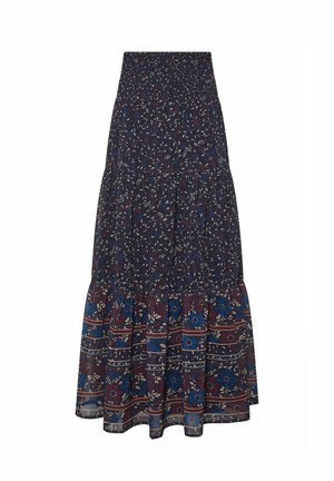 Maxikleid in dunkelblau mit floralem Muster. Gummibund und schichtendesign. Mit burgunderfarbenen und blauen horizontalen Streifen am Saum.