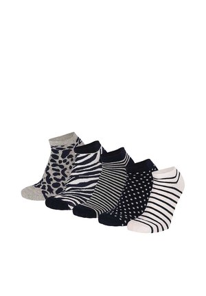Five pairs of ankle socks in animal and striped black, white, and gray patterns arranged in a row on a white background.