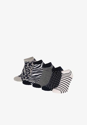 Five pairs of ankle socks in animal and striped black, white, and gray patterns arranged in a row on a white background.