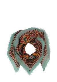 Teal sjaal met een bloemen- en geometrisch patroon, voorzien van franjes aan de randen en in vierkante vorm, gemaakt van zachte stof.