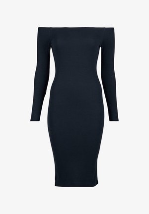 Off-shoulder, langærmet kjole lavet af mørk marineblå ribbet stof, med en tætsiddende silhuet og en knælængde kant.