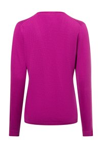 Langärmliger, rückseitiger Blick auf einen lebhaft pinken Pullover aus einem glatten, feinen Strickmaterial, mit rundem Halsausschnitt und gerippten Bündchen.