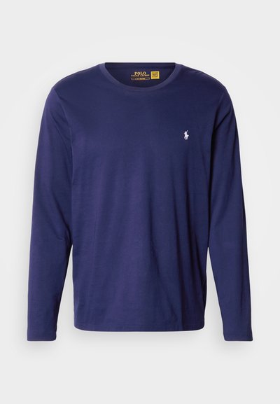 Camisola de manga comprida azul-marinho em tecido macio de algodão, com gola redonda e um pequeno logótipo branco bordado no peito esquerdo.