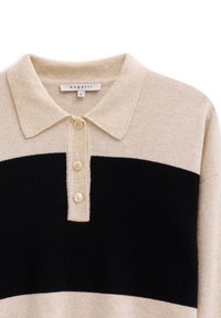Beige- und schwarz gestreiftes Poloshirt aus Strickstoff, mit einem Kragen, vier Knöpfen und einem strukturierten Muster. Markenlabel: Bugatti. Größe: S.