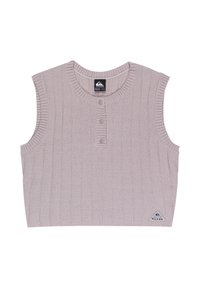 Gilet sans manches gris clair avec texture côtelée, patte de boutonnage à trois boutons et un logo dans le coin inférieur droit.