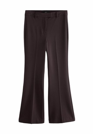 Dunkelbraune Damenhose mit mittelhohem Bund, Gürtelschlaufen, Frontreißverschluss und leicht ausgestellten Beinen, flach auf einem weißen Hintergrund liegend.