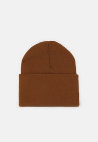 Gorros de lana marrón, con un puño enrollado y una corona sin costuras. Textura suave con un acabado liso. Adecuado para un uso casual.