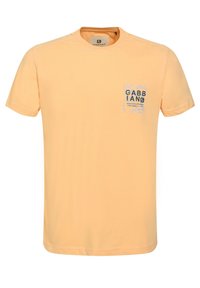 Kortærmet, lyseorange bomulds T-shirt med en grafisk lomme foran med tekst. Klassisk rund halsdesign med en afslappet pasform.