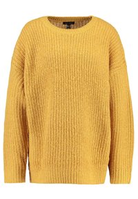 Hořčicově žlutý pletený svetr s kulatým výstřihem, volným střihem a dlouhými rukávy. Texturovaná látka s měkkým, robustním vzhledem.