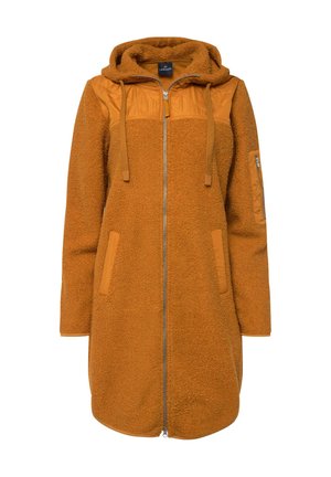 Cappotto foderato in pile di un arancione dorato con chiusura a zip, cappuccio regolabile e pannelli trapuntati in contrasto; dispone di tasche laterali e sulle maniche.