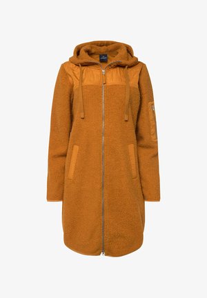 Fleece-forretning jakke i gylden orange med lynlås foran, justerbar hætte og kontrasterende quiltede paneler; har side- og ærmelommer.