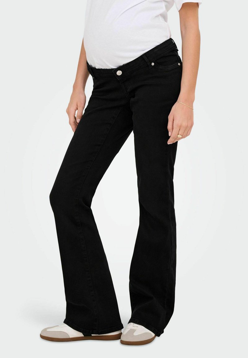 Black flared maternity jeans with a mid-rise waist, button closure, and classic five-pocket design. The fabric is denim with slight stretch.
