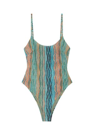 Bañador de una pieza con tirantes finos, con rayas verticales onduladas en azul, naranja, verde y negro sobre una tela texturizada.