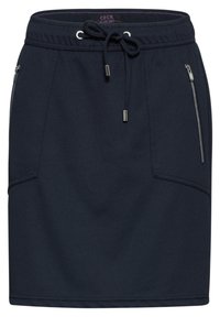 Jupe bleu foncé avec une taille élastique, fermeture à cordon de serrage et deux poches zippées. Conçue à partir d'un tissu lisse et durable.