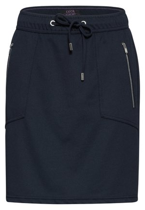 Gonna blu scuro con vita elastica, chiusura con cordino e due tasche con zip. Realizzata in un tessuto liscio e resistente.