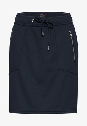 Dunkelblaue Skirt mit elastischem Bund, Kordelzugverschluss und zwei Reißverschlusstaschen. Hergestellt aus einem glatten, strapazierfähigen Material.