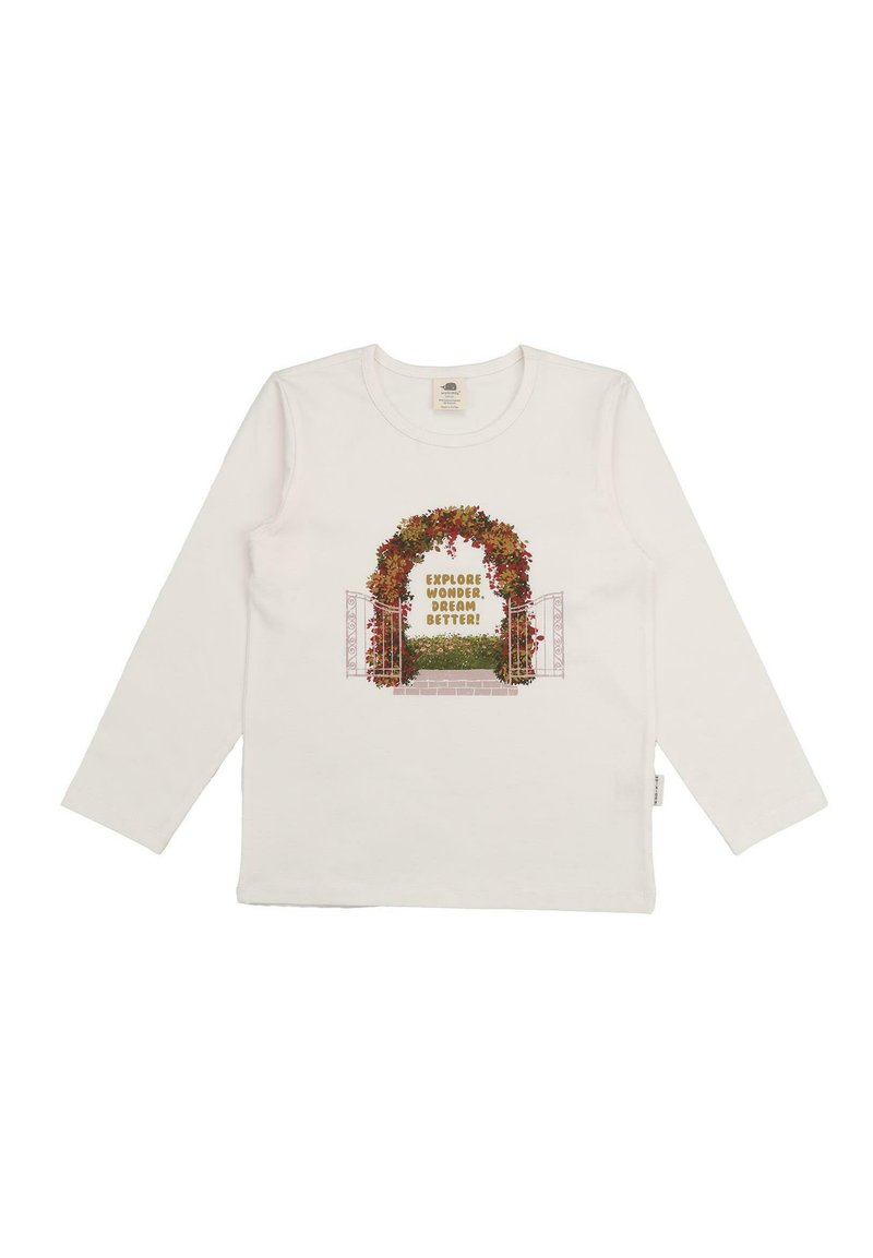 Weißes Langarm-T-Shirt mit einem bunten, floralen Bogen-Design und einem Gate-Motiv sowie dem Text "ENTDECKE WUNDER, TRÄUME BESSER!"