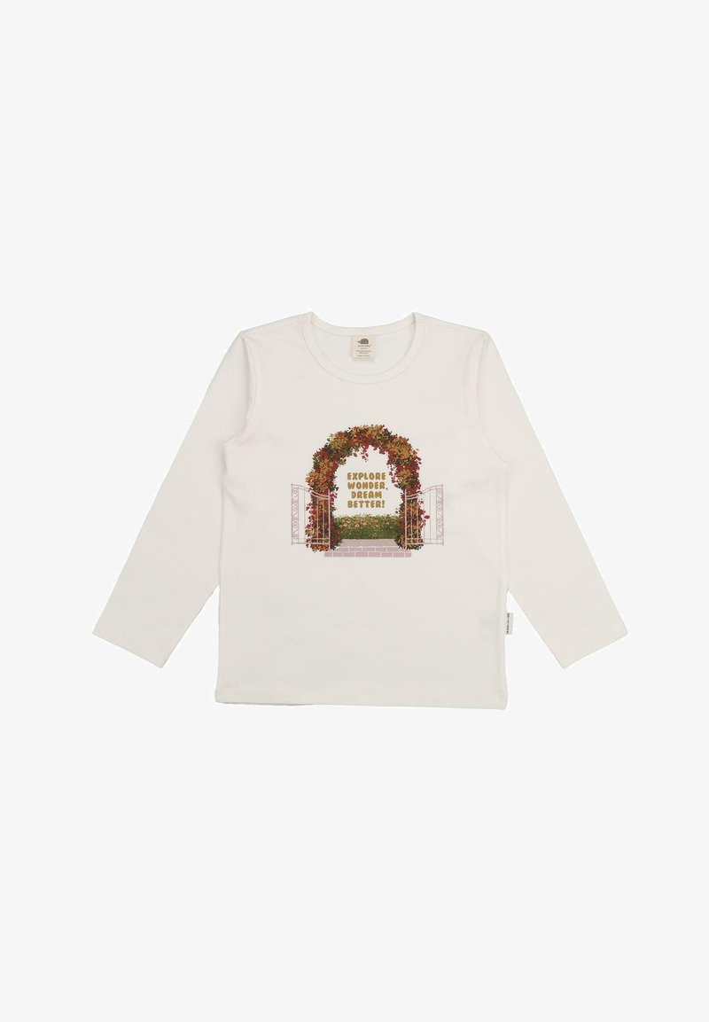 Weißes Langarm-T-Shirt mit einem bunten, floralen Bogen-Design und einem Gate-Motiv sowie dem Text "ENTDECKE WUNDER, TRÄUME BESSER!"