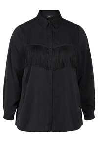 Chemise noire à boutons, avec des manches longues, un col et un détail en frange texturé sur la poitrine. Tissu lisse avec une coupe ajustée.