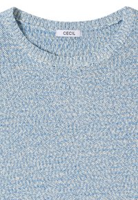 Pull en tricot bleu clair et blanc à col rond avec une étiquette de la marque CECIL cousue à l'intérieur du col.