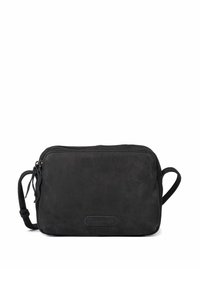 Bolso cruzado de ante negro con cierre de cremallera, textura suave y asa lateral. Incluye una etiqueta de la marca sutil en el frente.